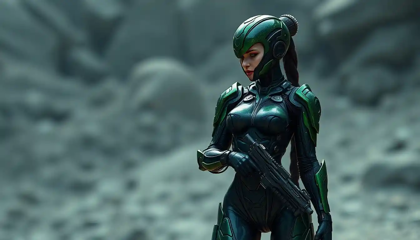 Futuristic woman in living latex biomechanical armor