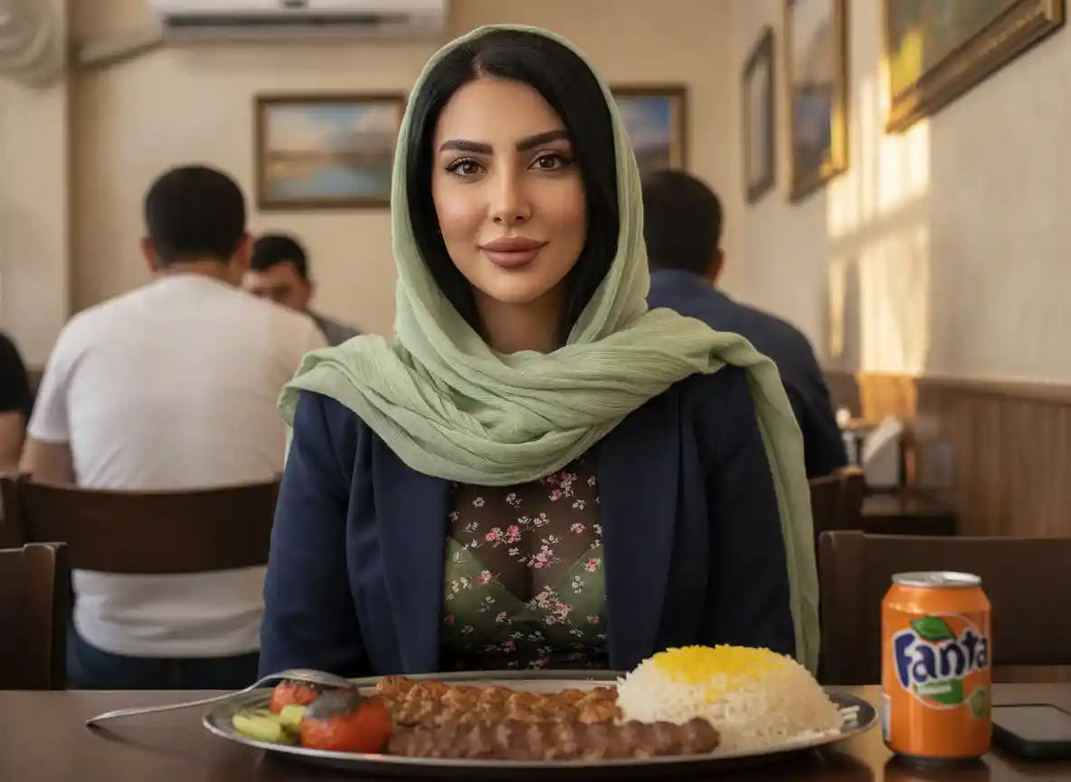 Iranian woman dining with kebabs in a warm restaurant