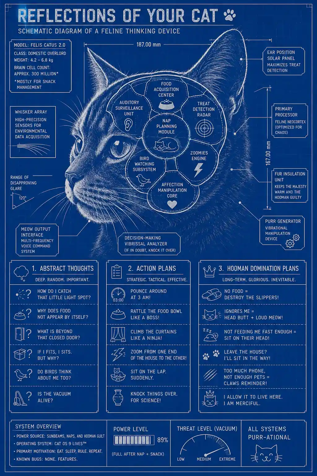 Blueprint diagram of a thinking cartoon cat head in profile
