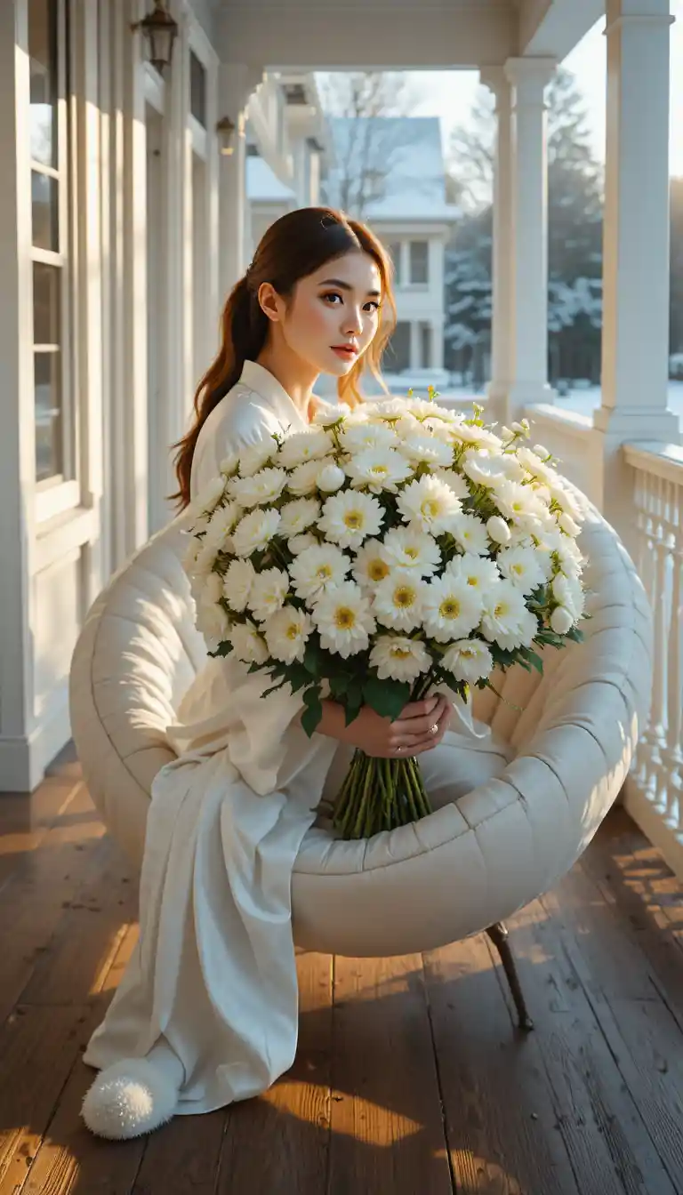 Young woman with white chrysanthemum bouquet on veranda