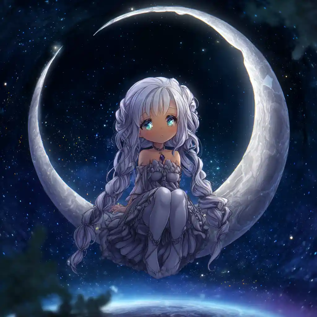 Chibi fairy girl sitting on a crescent moon