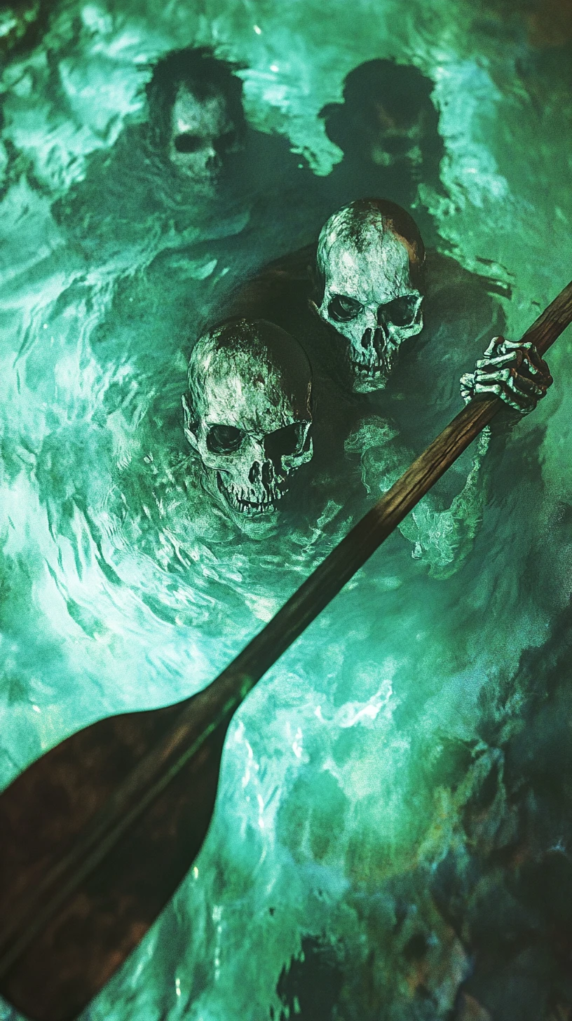 Skeletal oar slicing glowing water with hidden faces