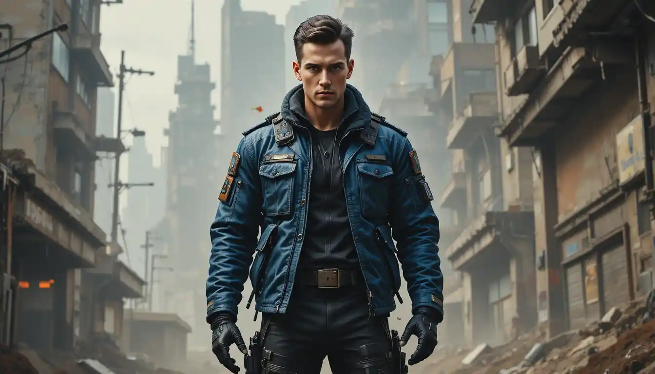 Futuristic action hero pilot in blue jacket full body