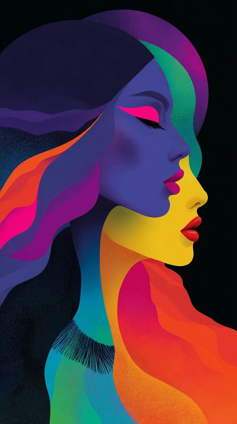 Due profili femminili astratti in colori vividi e luminosi
