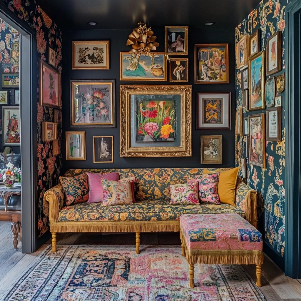 Modern chinoiserie interior with colorful gallery wall art