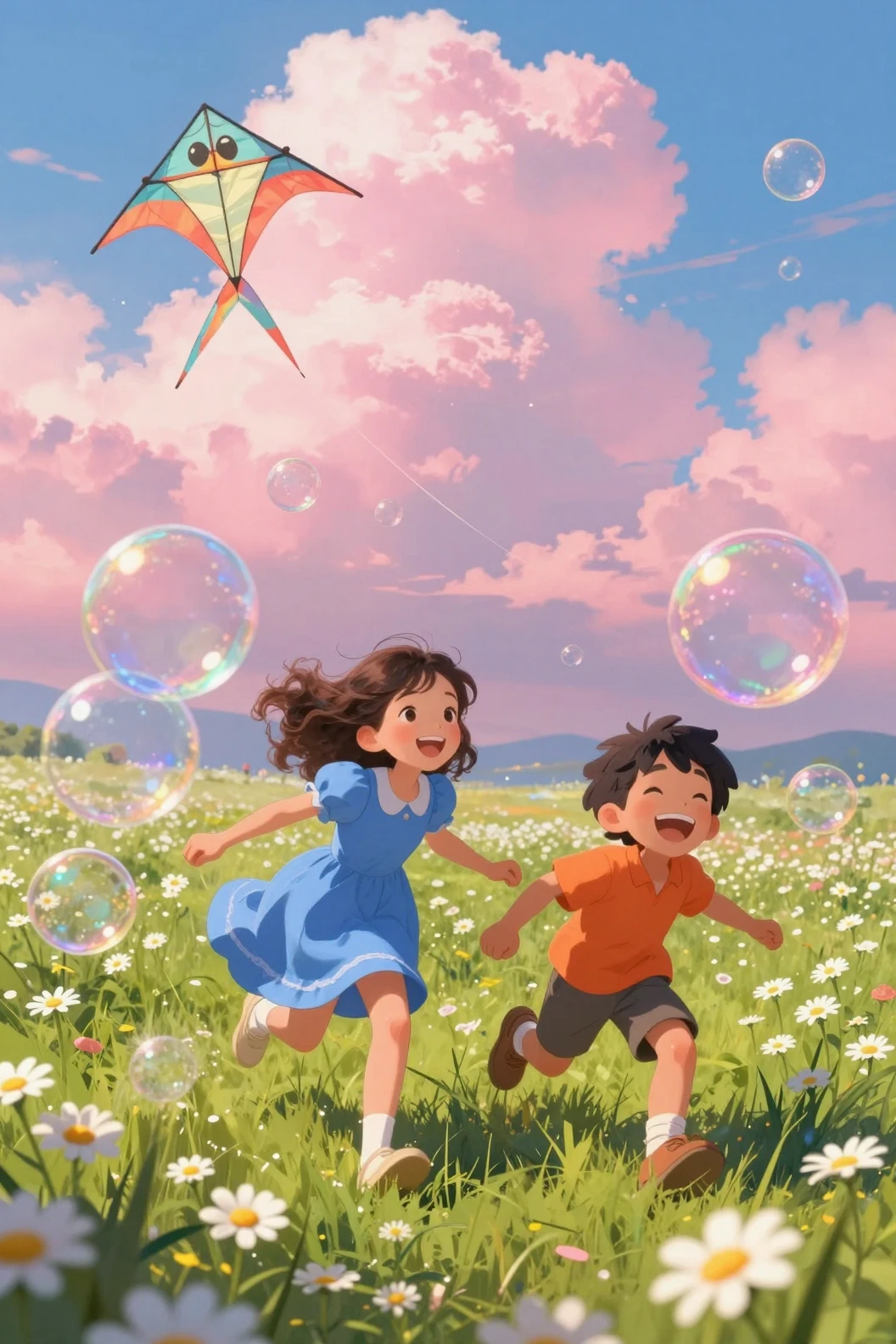 Children chasing giant bubbles in a dreamy flower meadow