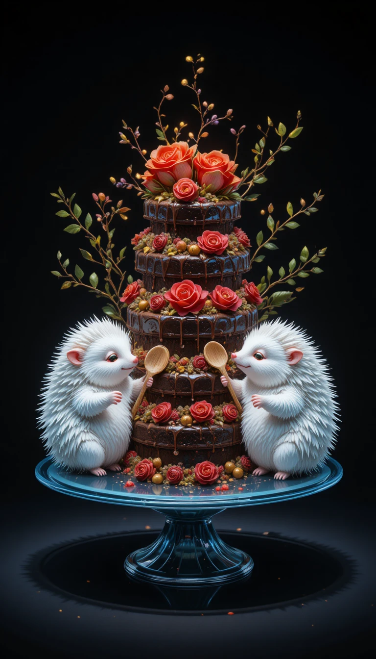 Tiny fluffy creatures hugging a tiered chocolate cake