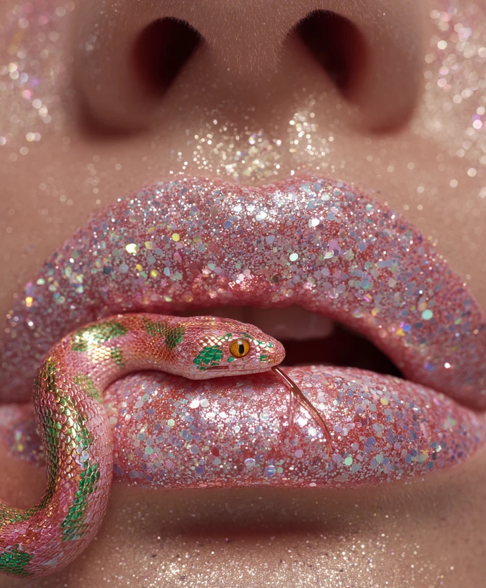 Close up glitter lips with jeweled snake detail