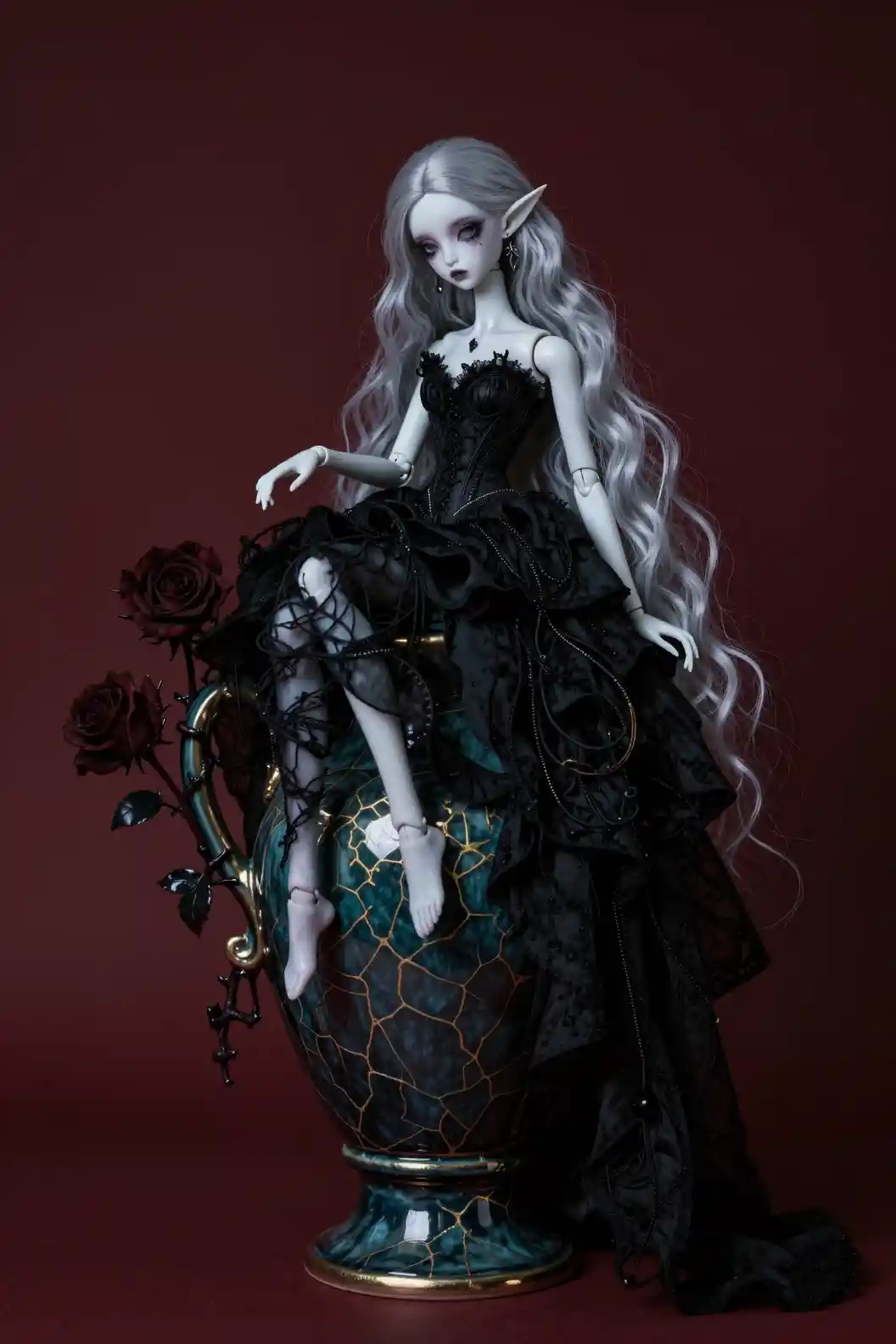 Gothic elf doll woman on dark teal ceramic vase