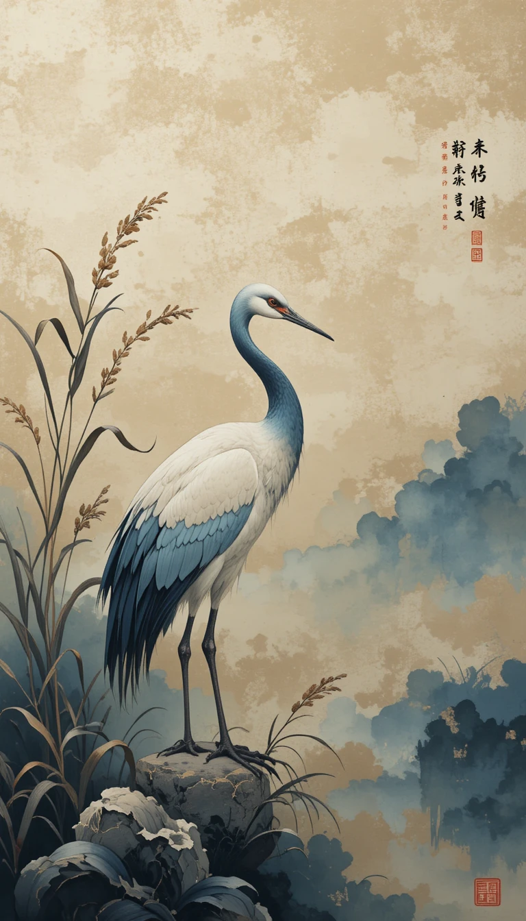 Elegant crane in a misty Chinese landscape painting