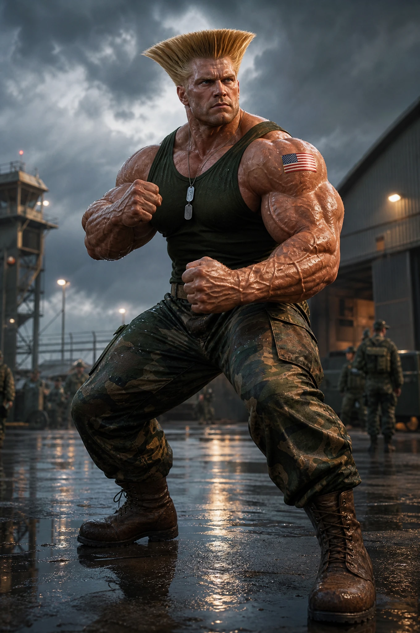 Cinematic portrait of a muscular military commando in rain