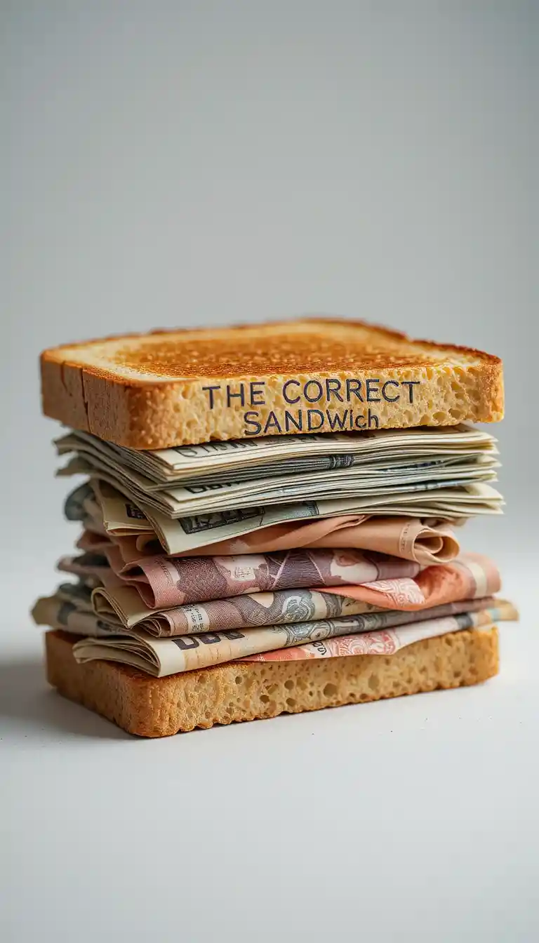 Nahaufnahme eines Sandwichs aus Toastbrot und Papiergeld