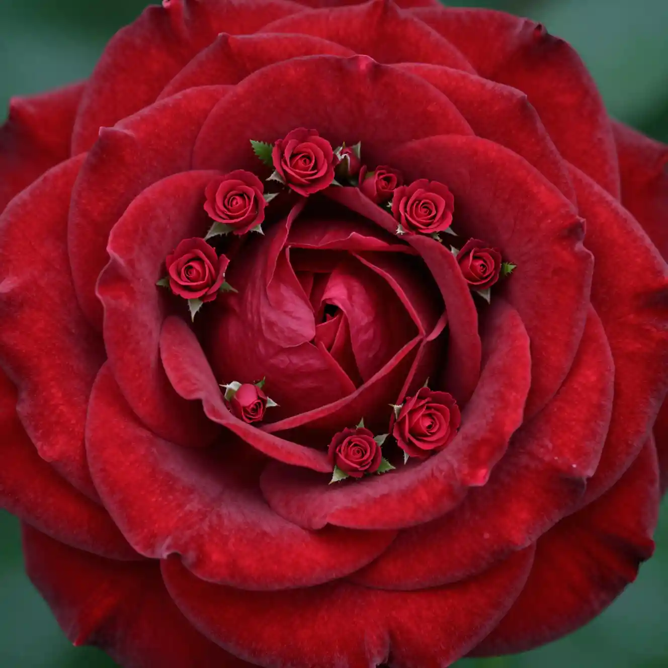 Close up macro view of a fractal red rose bloom