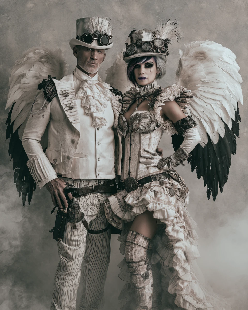 Älteres Steampunk-Paar mit Engelsflügeln im Winternebel