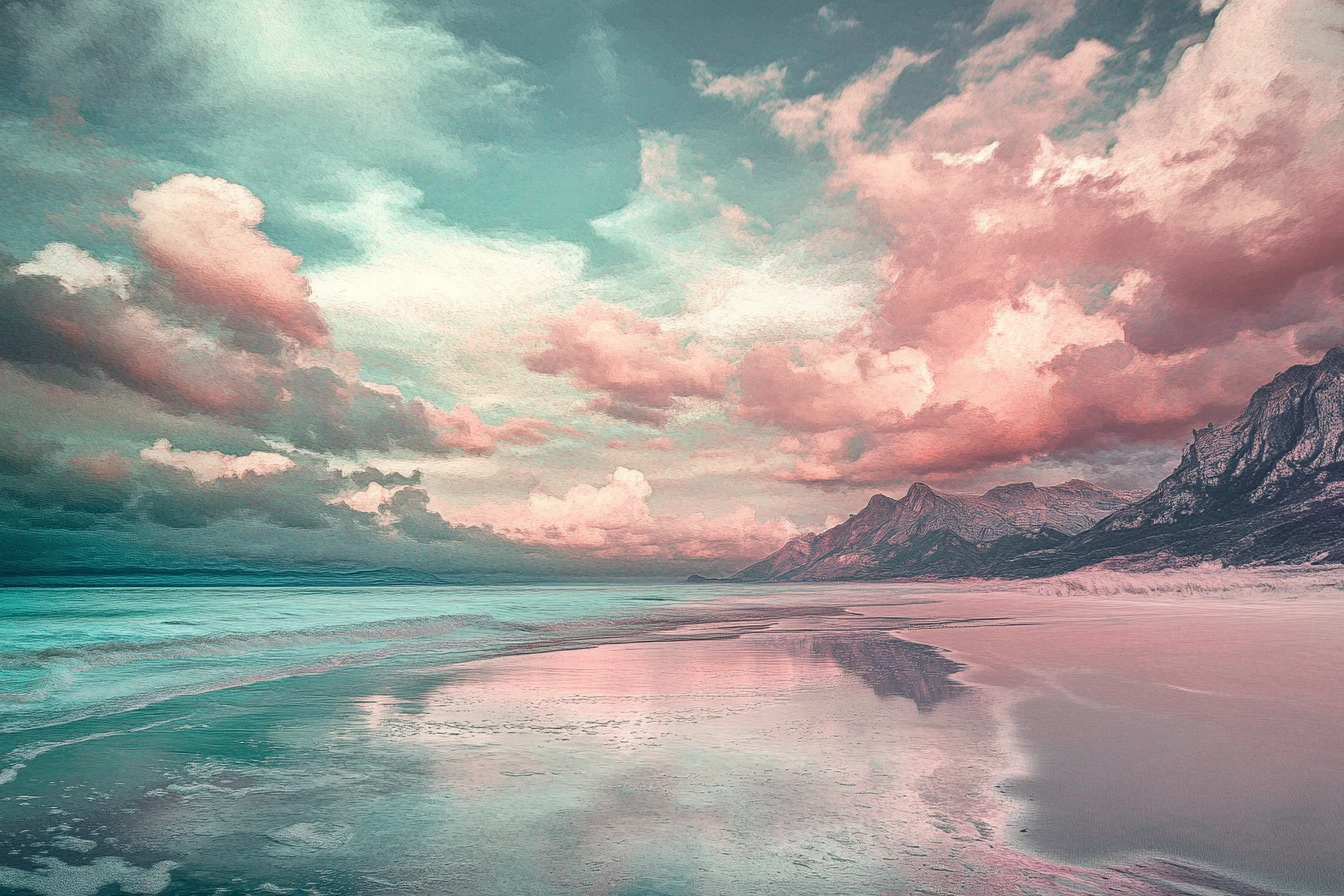 Surreal serene beachside in pastel and metallic tones