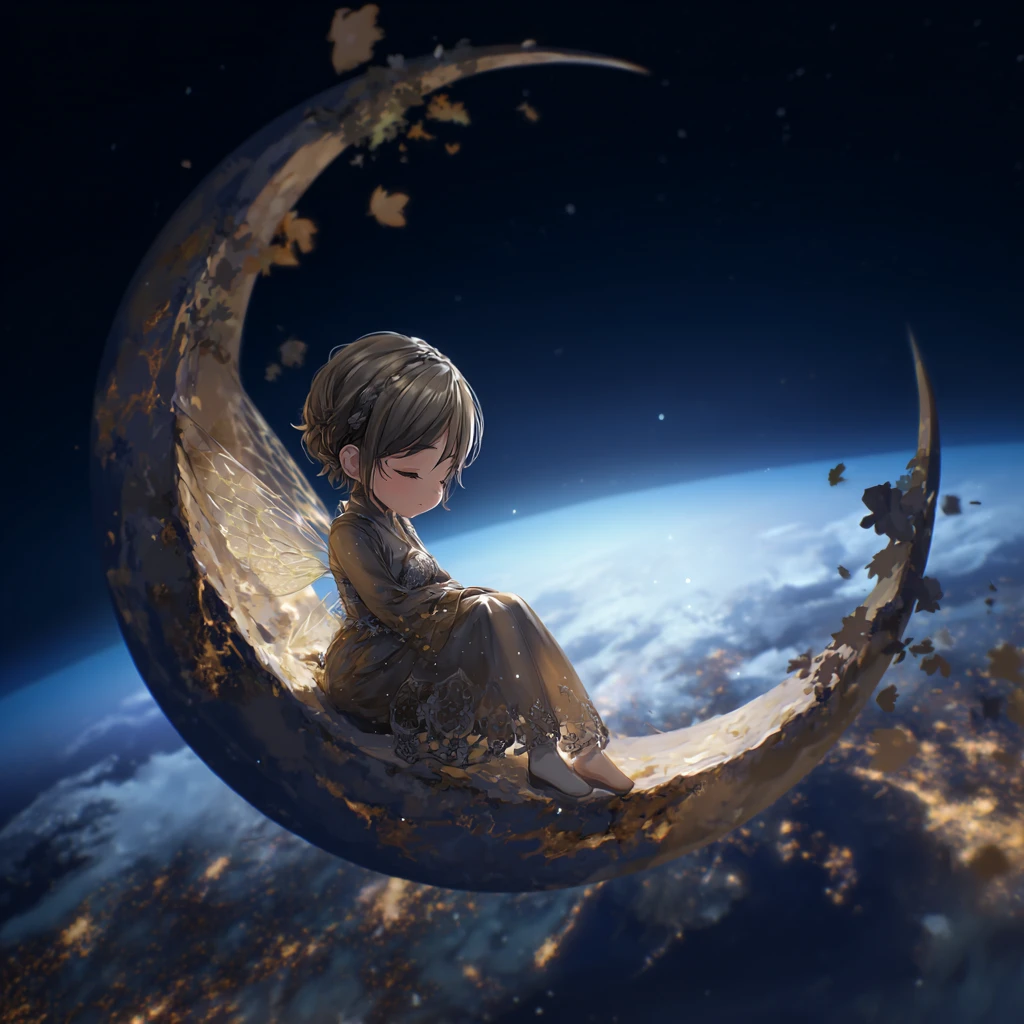 Chibi fairy girl sitting on a crescent moon at night