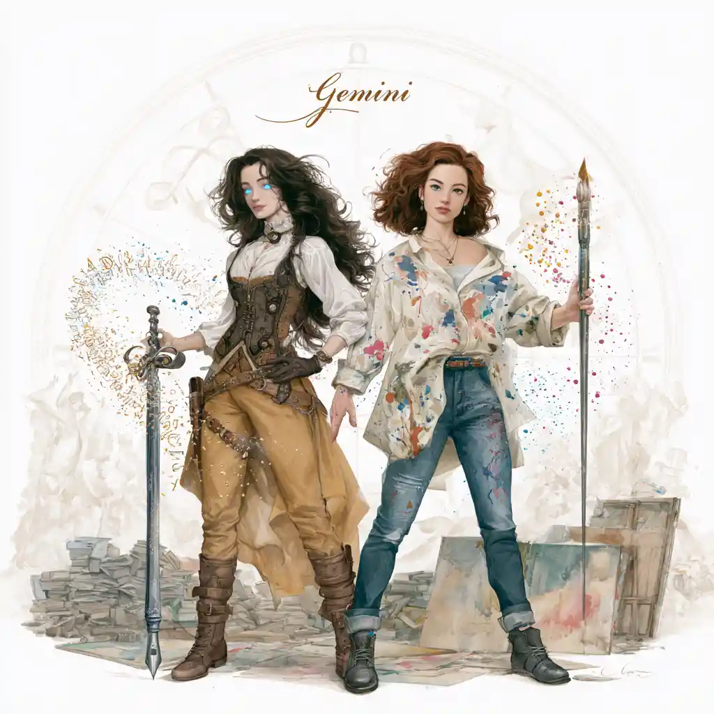 Gemini women back to back with magical swords and books