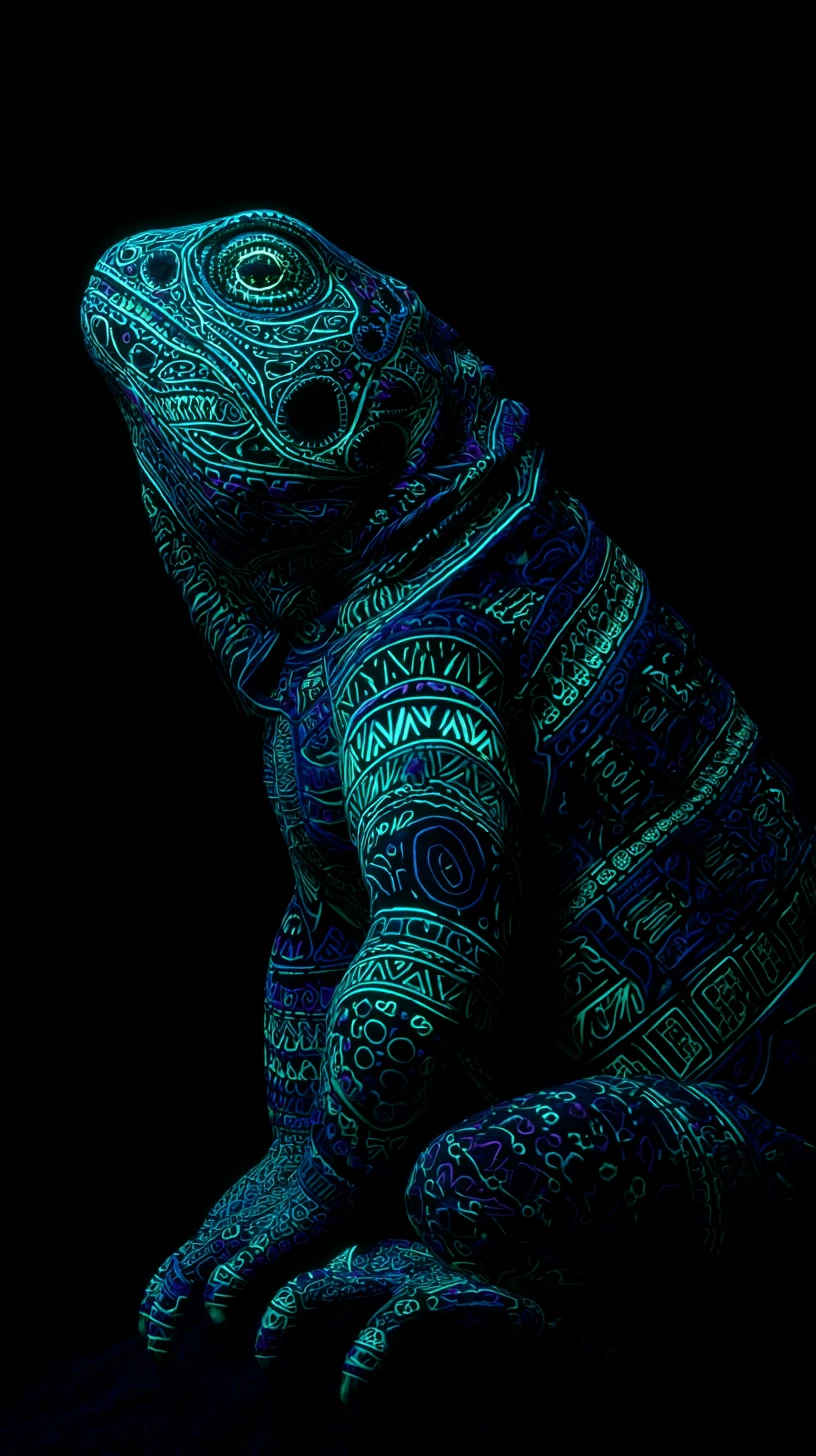 Bioluminescent creature glowing with intricate tribal patterns