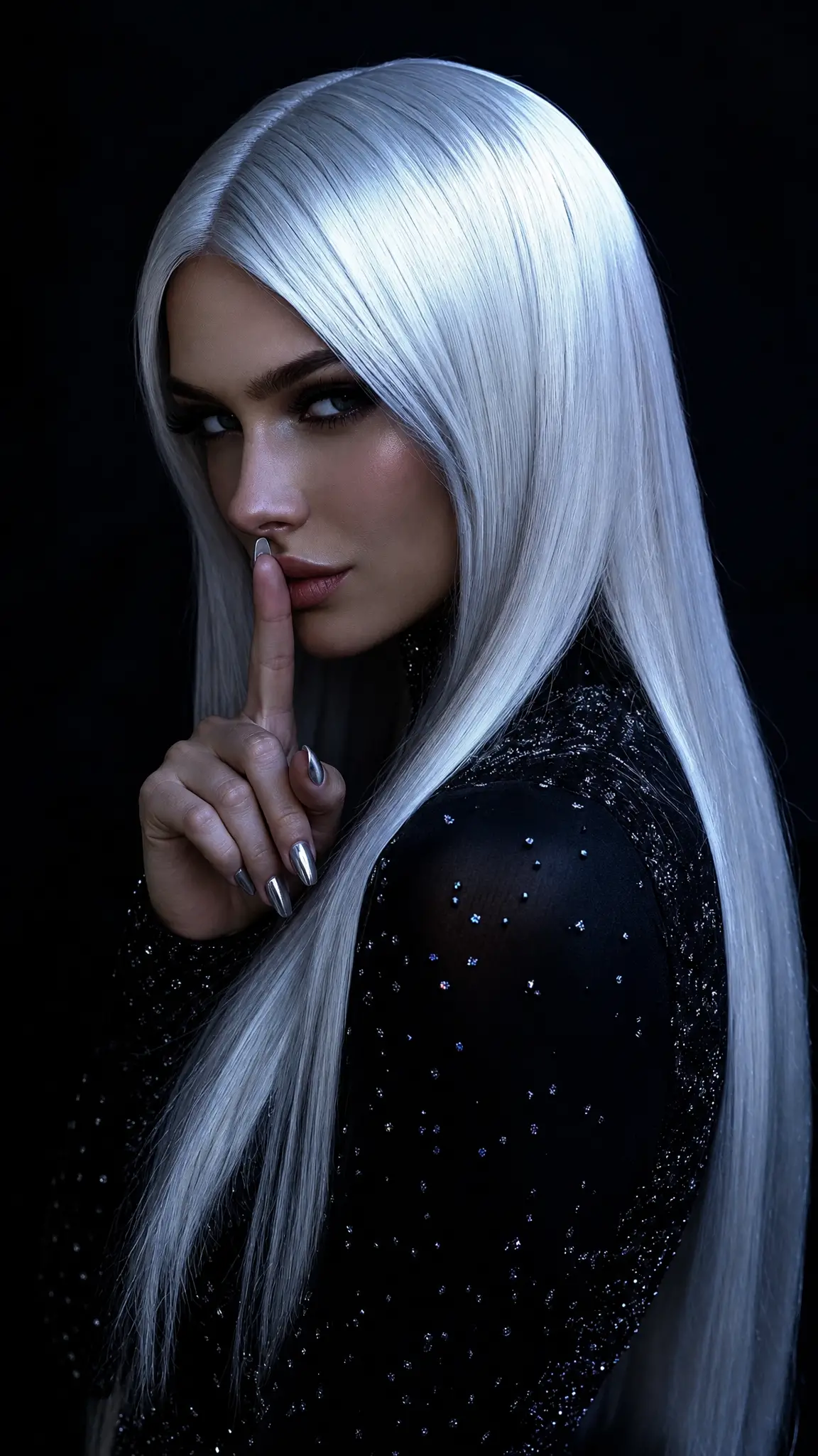 Woman gesturing shhh with finger and playful side eye