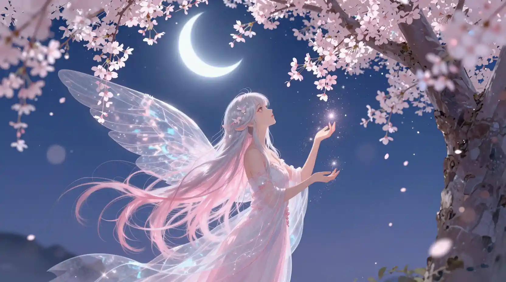 Mystical spirit girl under a moonlit cherry blossom tree