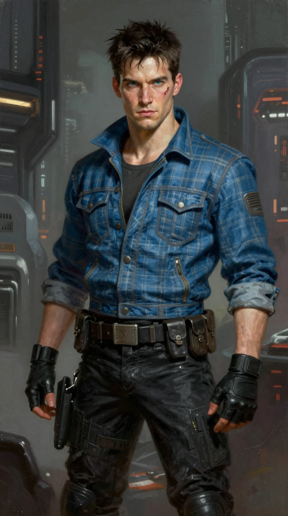 Young space hero in blue jacket in futuristic city