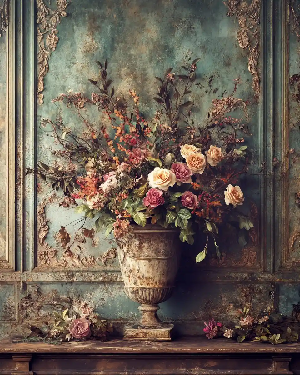 Baroque floral still life with weathered vase and ornate wall