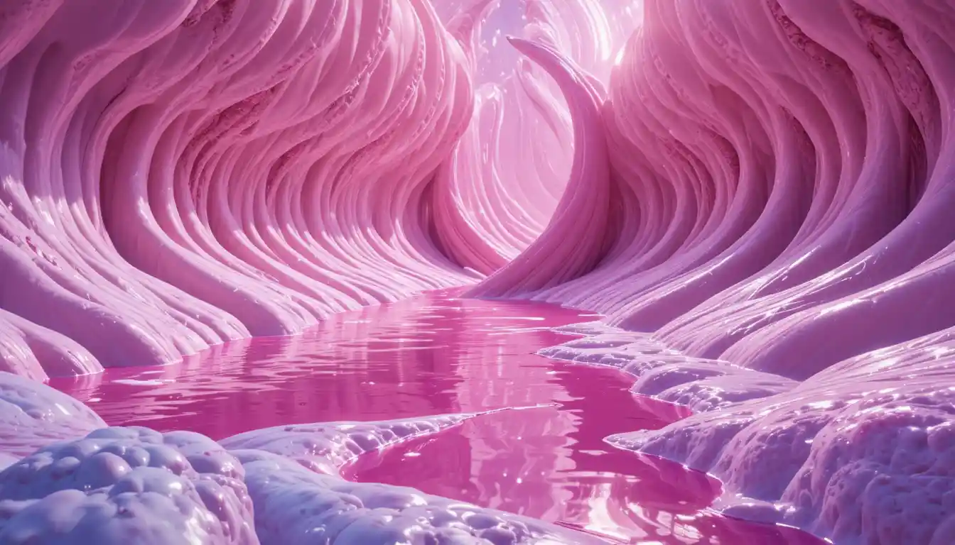 Surreal latex fantasy landscape with smooth pink water