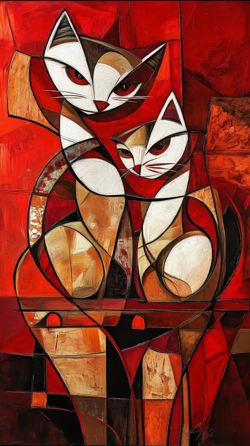 Abstract cubist cats with fluid intertwining shapes