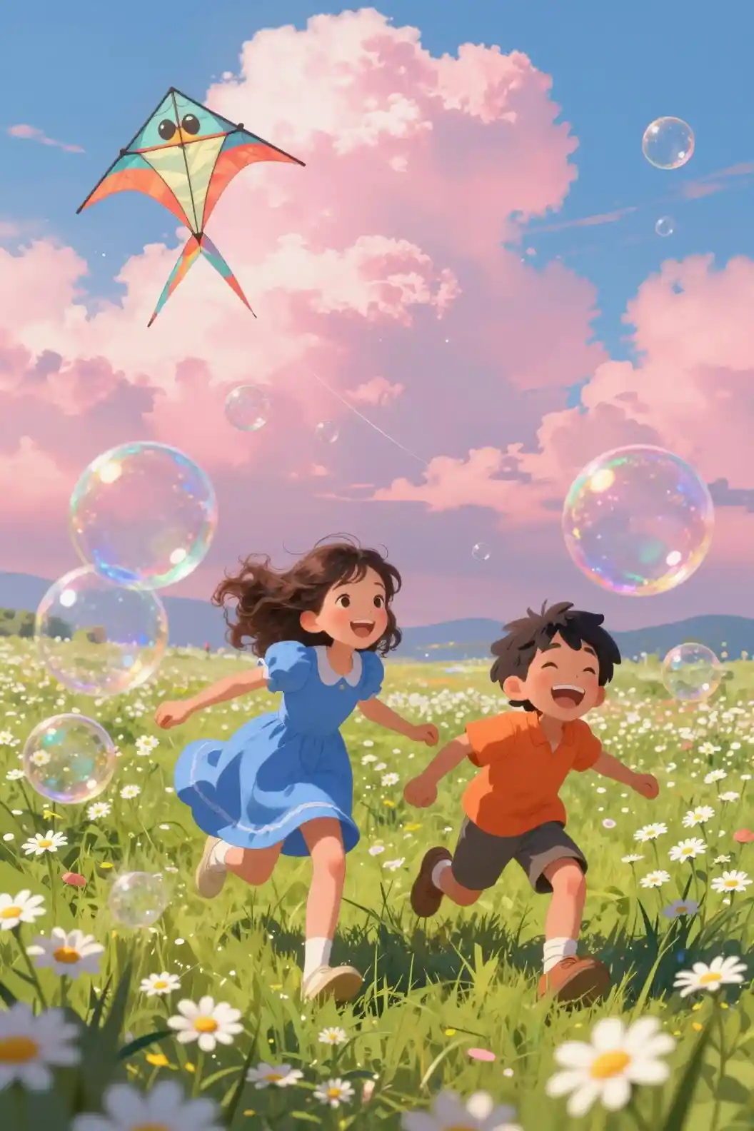 Children chasing giant bubbles in a dreamy flower meadow