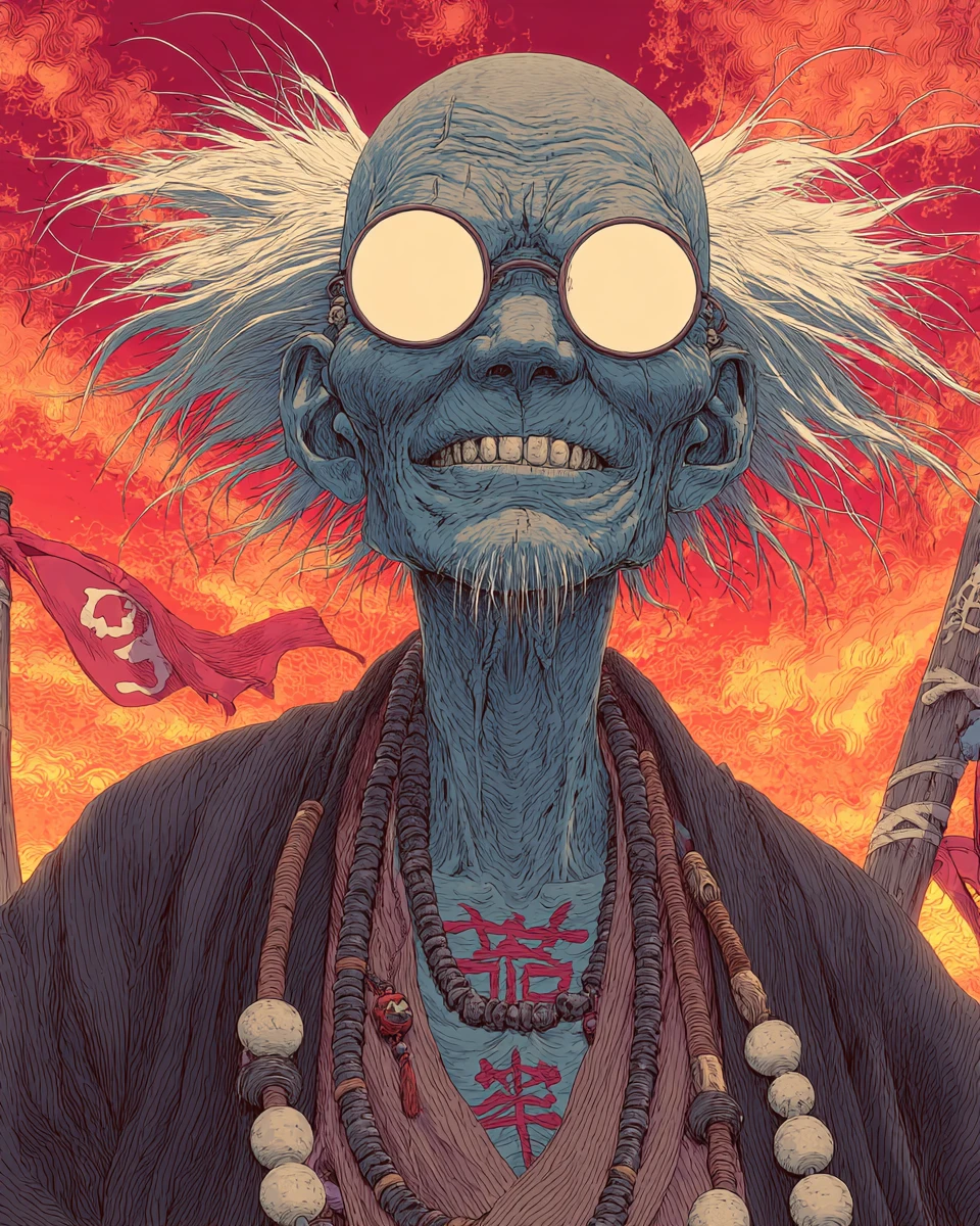 Ancient gaunt anime elder in fiery red close up portrait