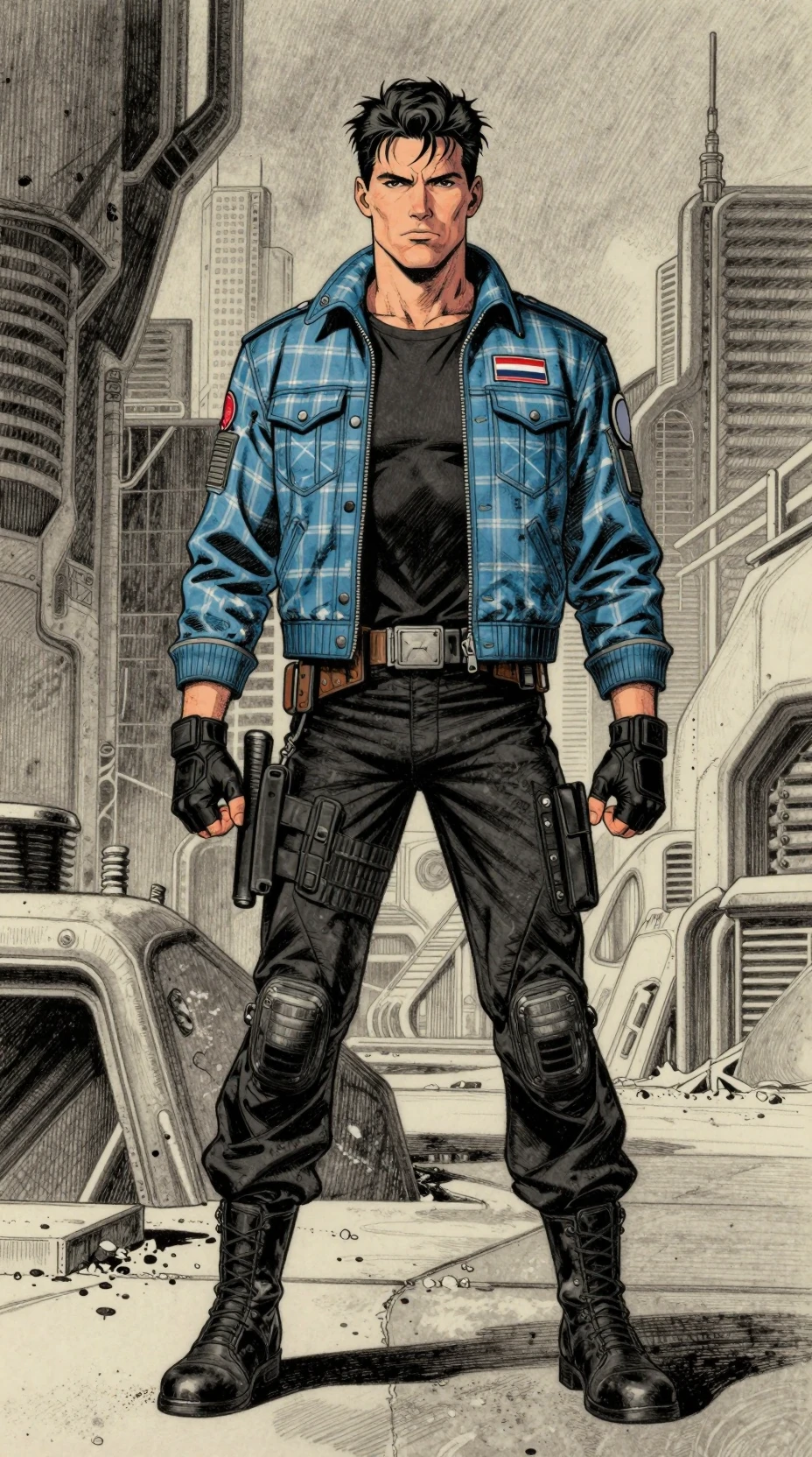 Futuristic action pilot in plaid jacket in gritty city