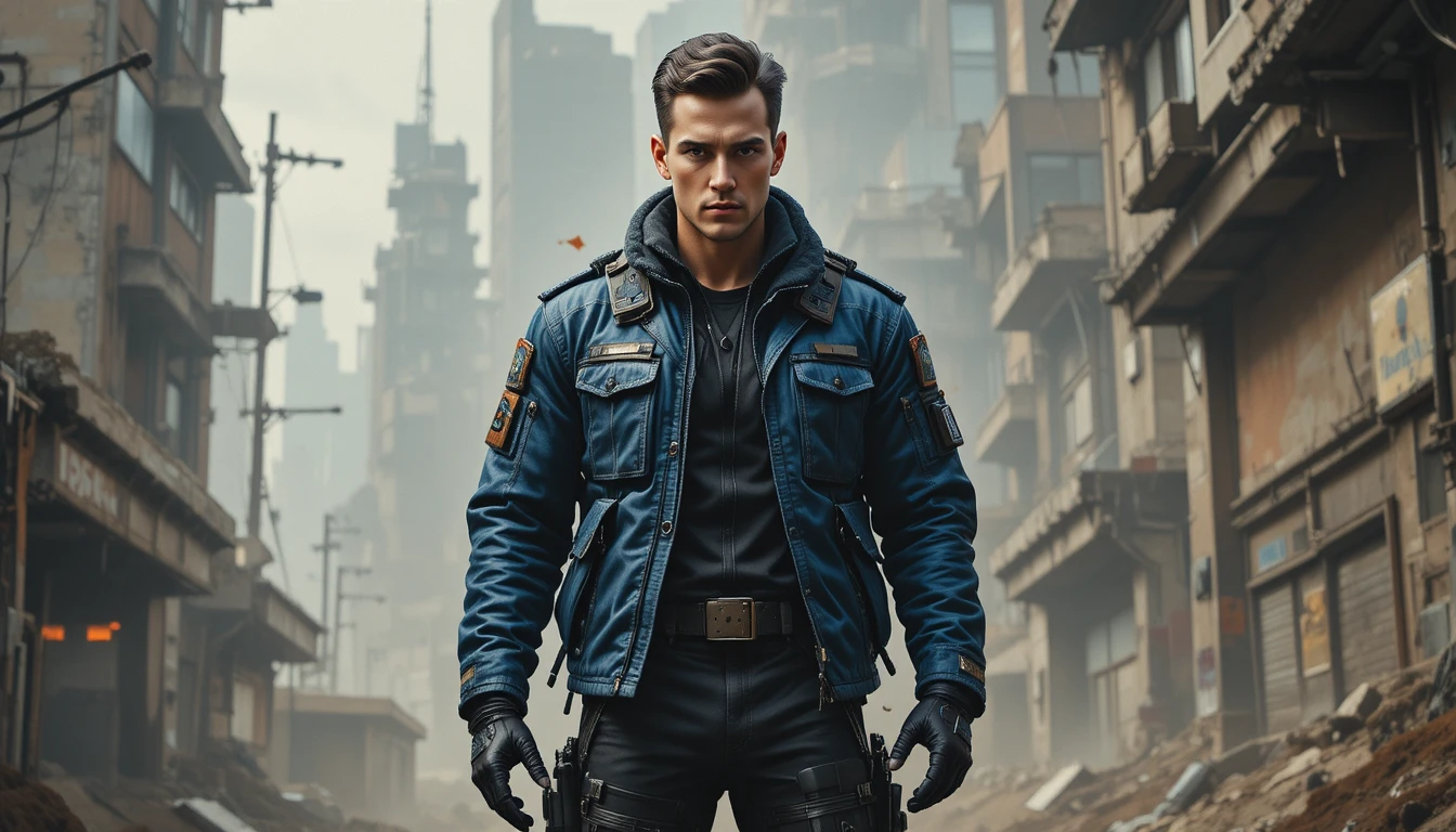 Futuristic action hero pilot in blue jacket full body