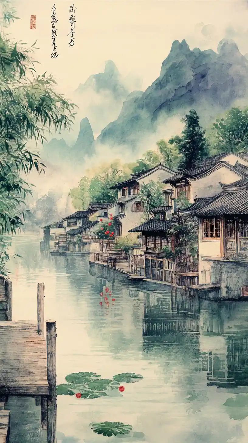 Serene Chinese Waterside Village In Misty Mountain Landscape