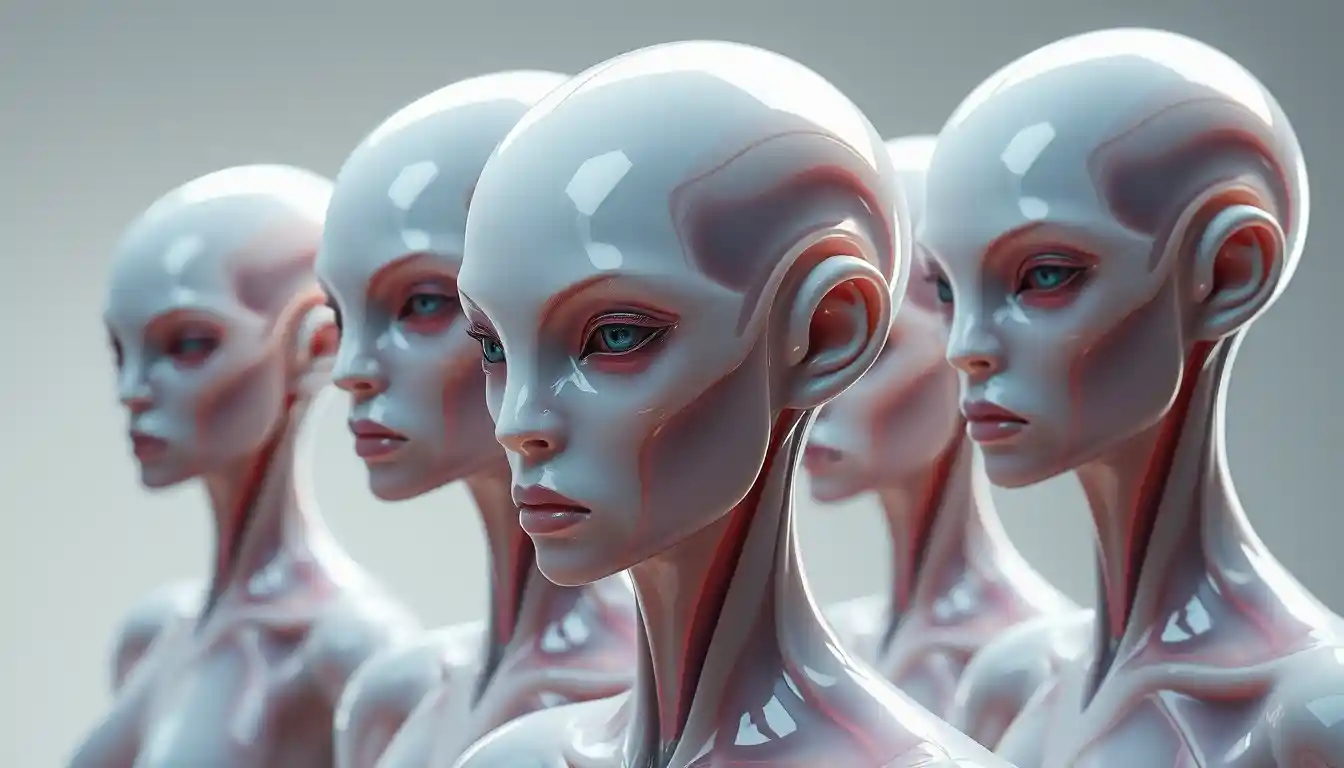 Latex humanoid character with translucent glossy skin and veins