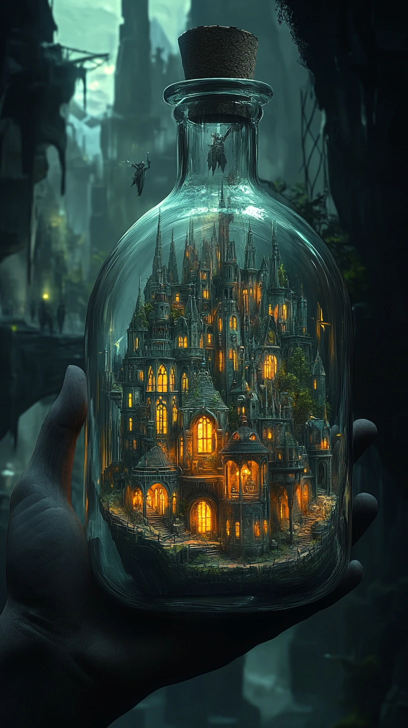 Figure Holding A Recursive Miniature City In A Glass Bottle