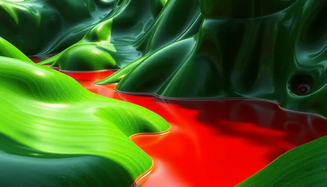 Abstract green latex landscape with surreal red liquid
