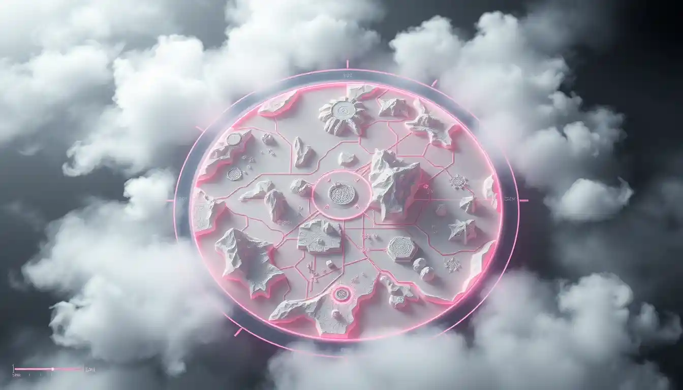 Minimal circular fantasy minimap with misty sci fi interface