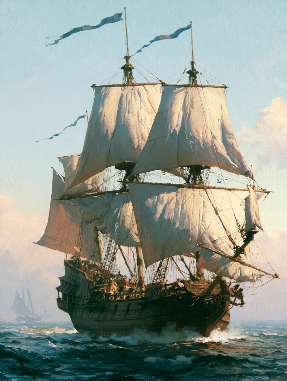 Armed three masted sailing ship cutting through Caribbean waves