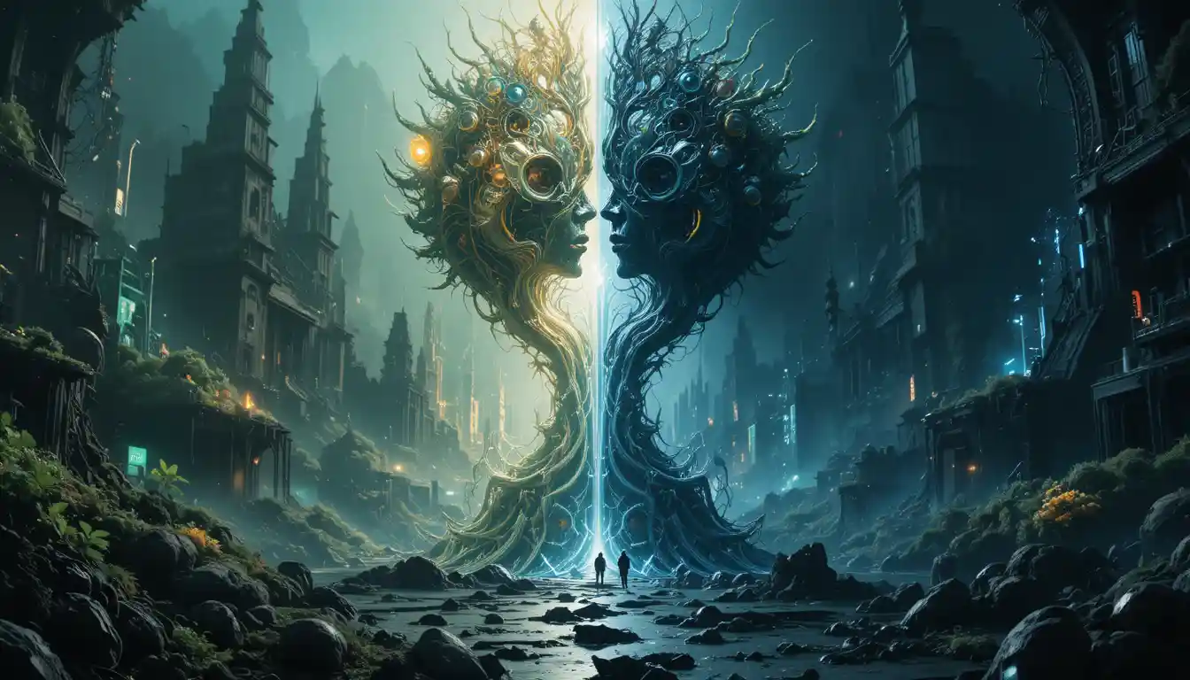 Split cosmic world of organic light and dark machines