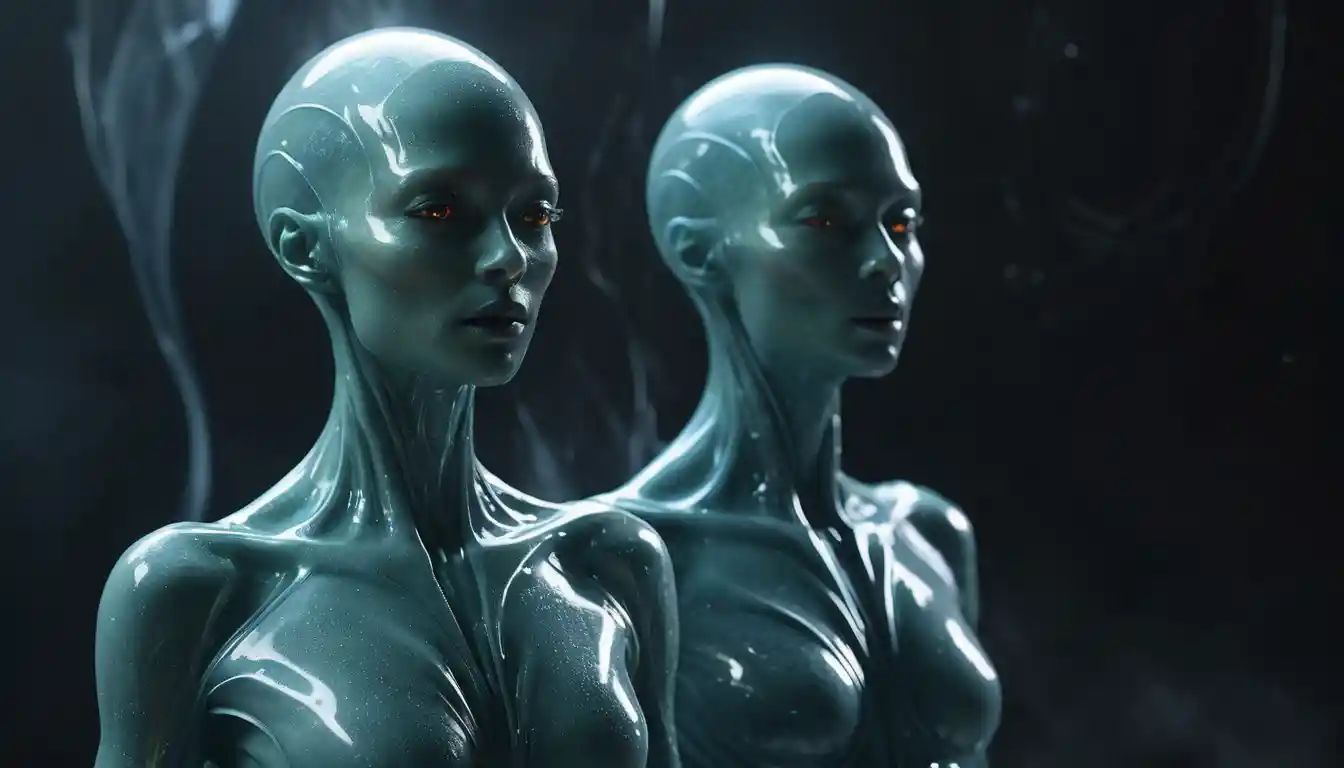 Ethereal latex humanoid dissolving into glowing vapor