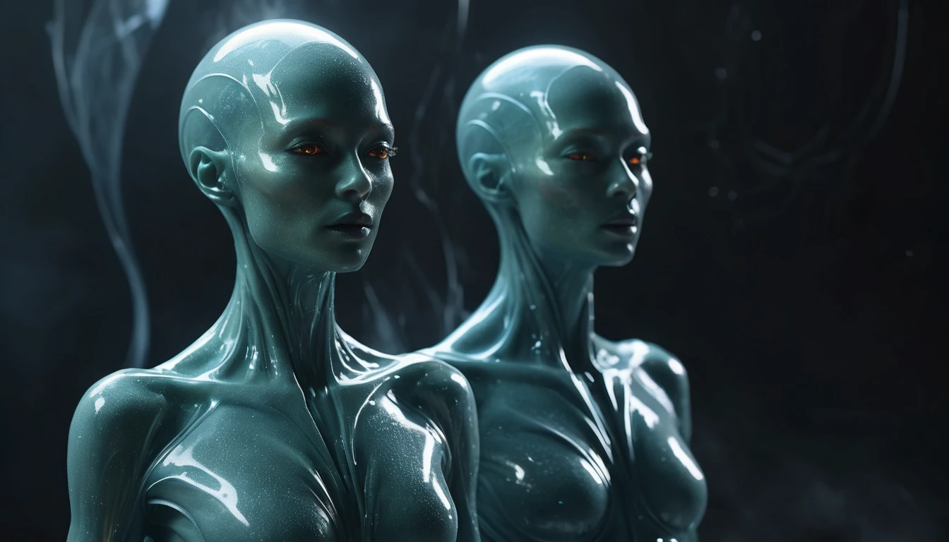 Ethereal latex humanoid dissolving into glowing vapor