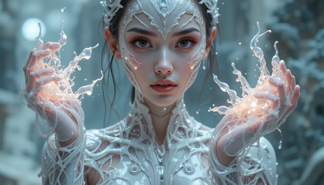 Futuristic latex clad female medic with liquid healing tools