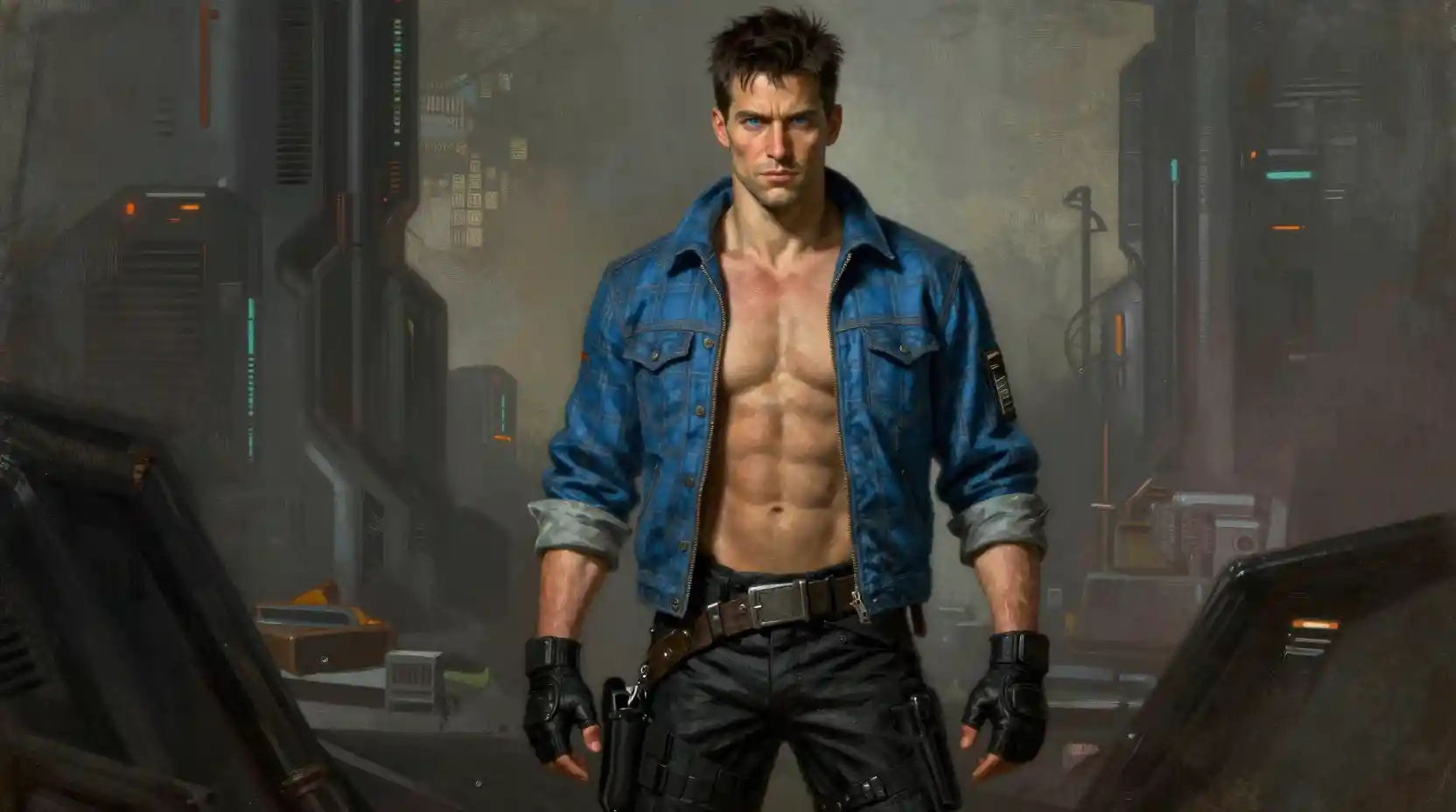 Sci fi warrior man in blue jacket in futuristic alley