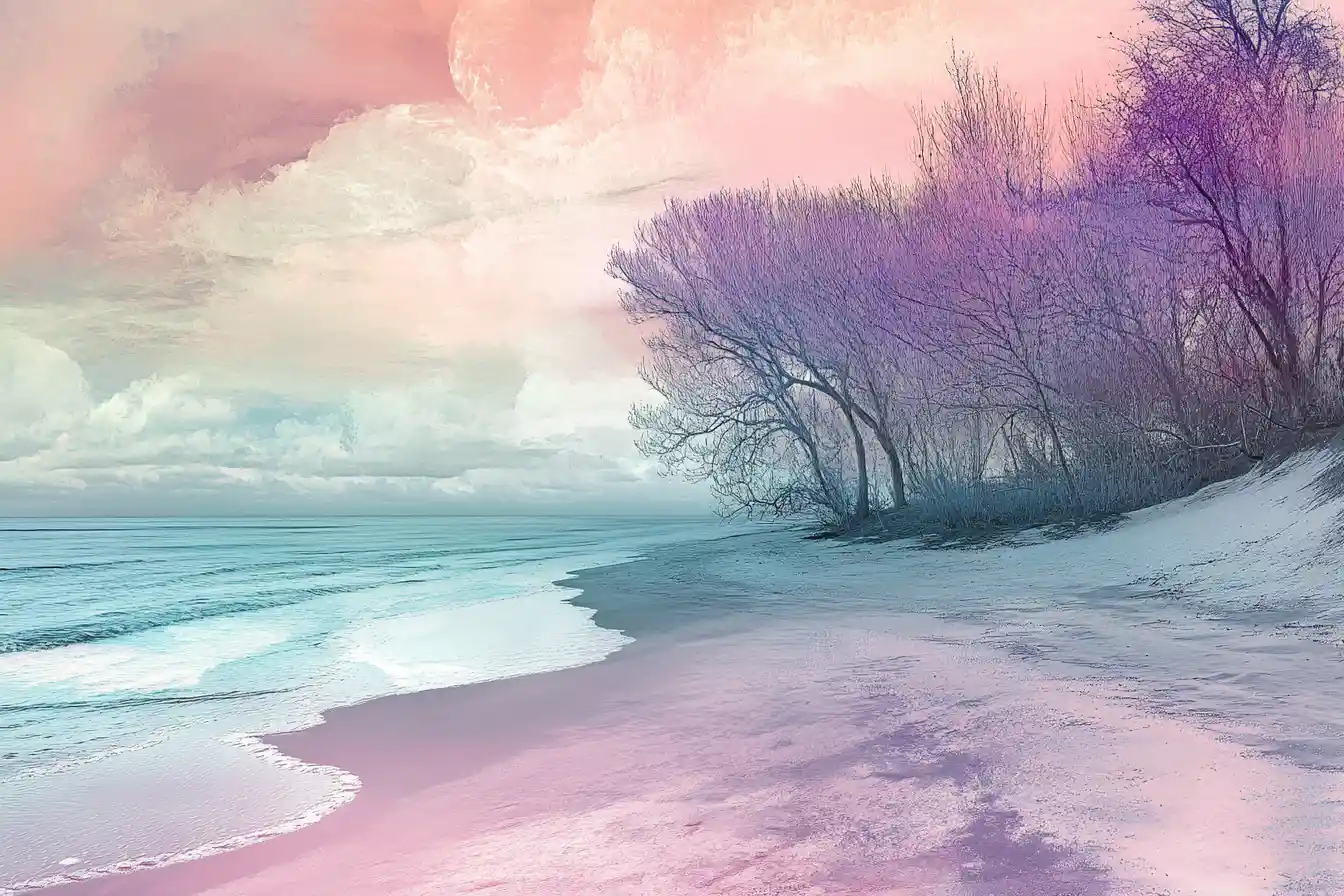 Serene surreal beachside rendered in pastel metallic tones