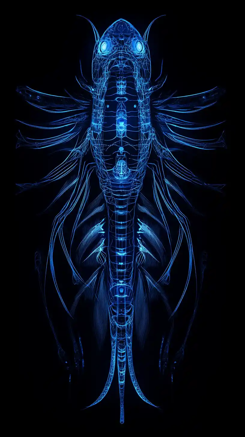 Glowing electric blue line art of a single fantasy creature