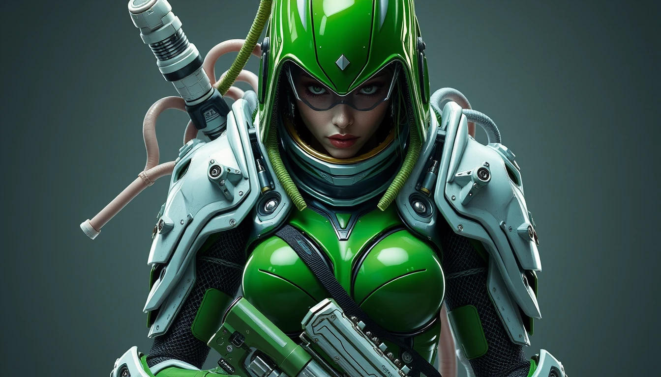 Futuristic green latex soldier with organic sci fi armor