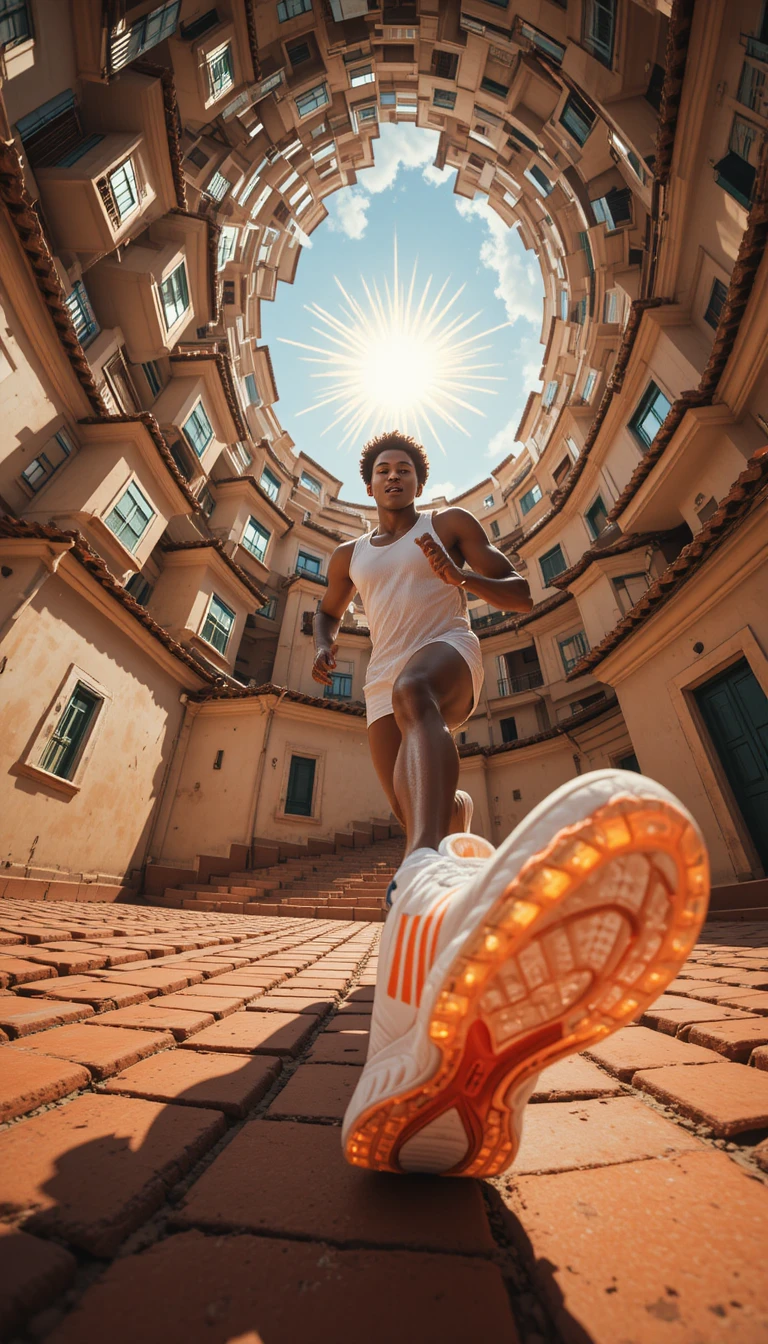 Brazilian runner sprinting across sunlit Mediterranean rooftops