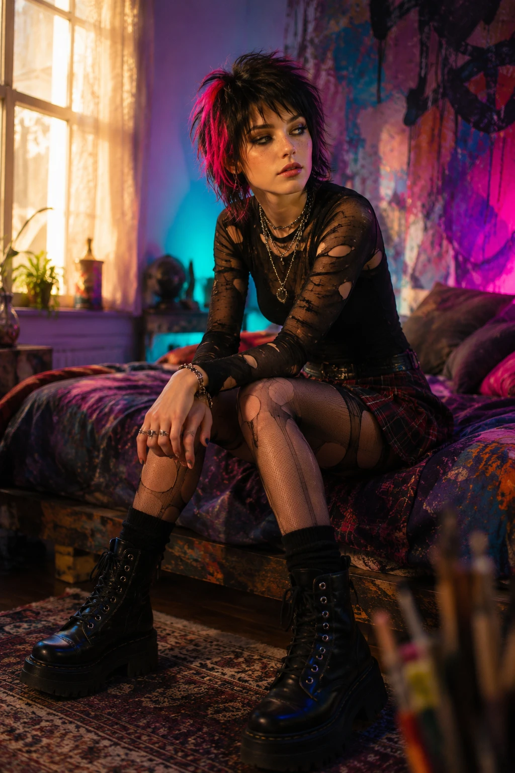 Punk kid resting beside a colorful urban wall