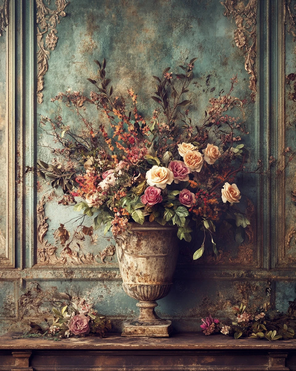Baroque floral still life with weathered vase and ornate wall