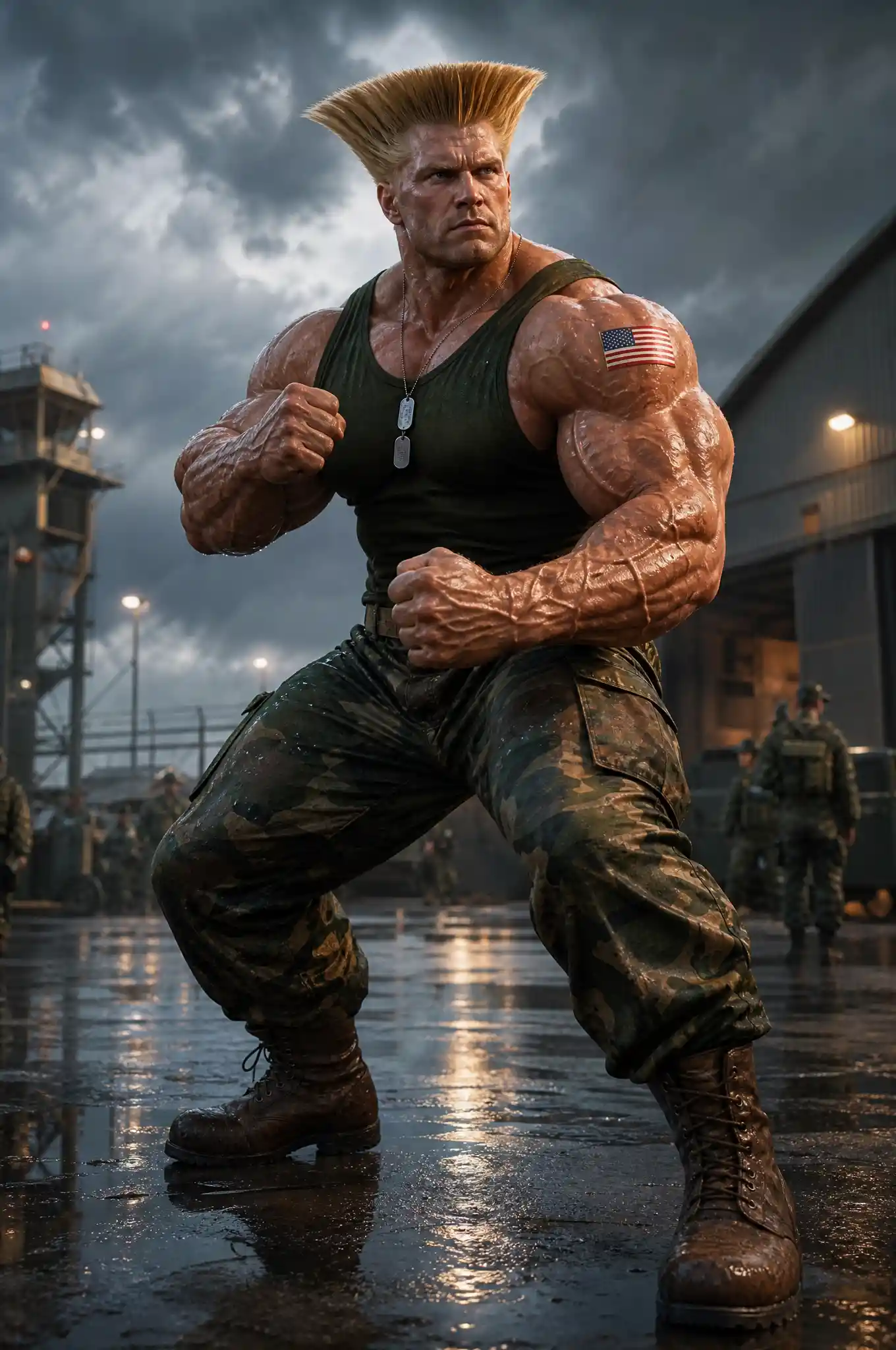 Cinematic portrait of a muscular military commando in rain